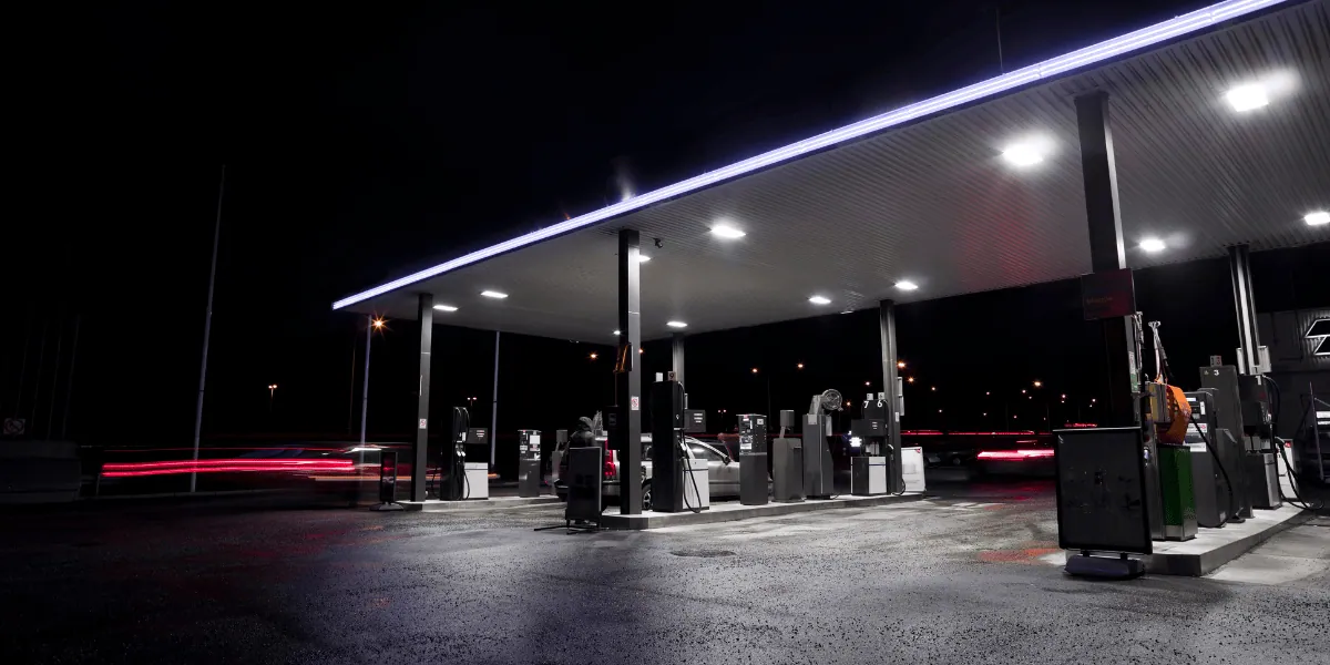 Gas station at night highlighting security vulnerability